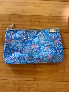 Lilly Pulitzer Blue & Pink Tropical Floral Cosmetic Pouch with Gold Trim
